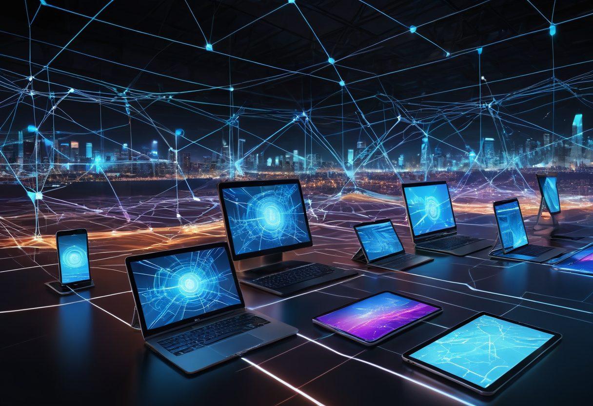 A futuristic digital landscape with interconnected networks of glowing lines and nodes representing seamless integration. In the foreground, diverse devices like tablets, smartphones, and laptops connected to a robust web service hub symbolizing efficiency and connectivity. Superimposed holographic interfaces showing real-time data flow. Super-realistic, vibrant colors, high-tech atmosphere.