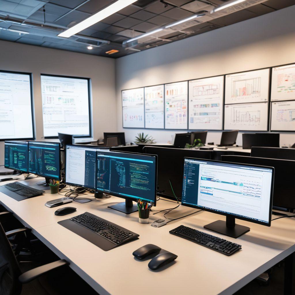 A sleek, modern office space with developers working on laptops, brainstorming on whiteboards, and a digital dashboard displaying website analytics. Include code snippets, design sketches, and a server rack in the background to signify maintenance. super-realistic. vibrant colors.