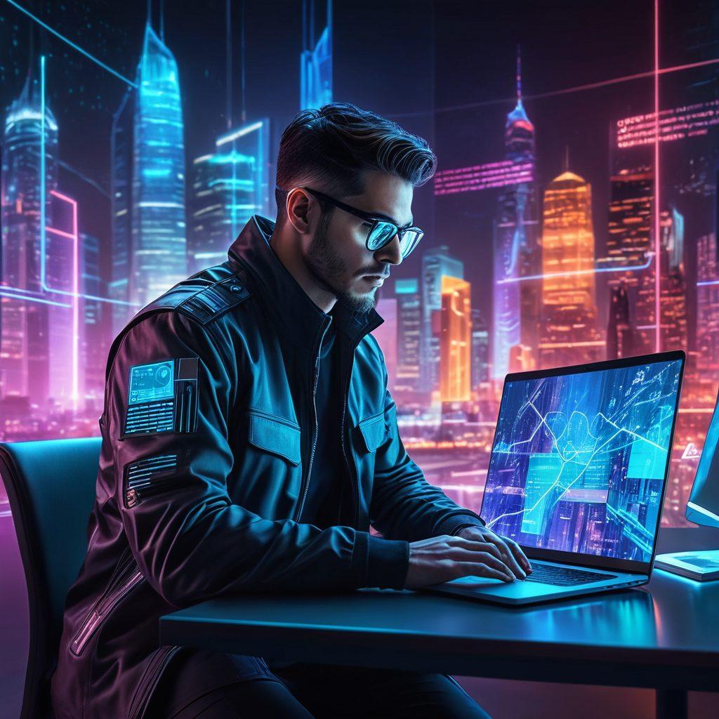 An elegant scene of a professional working on a sleek laptop, surrounded by interconnected glowing holograms representing security, updates, SEO, and analytics. The background features a stylized digital cityscape illustrating a strong online presence. Vibrant colors, modern design, futuristic touch. 3D, cyberpunk aesthetics.